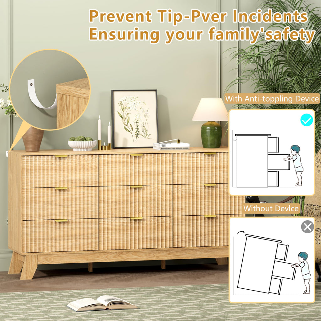 9 Drawer Fluted Dresser, Mid Century Modern Wooden Dresser with 9 Drawers, with Metal Handle, TV Stand & Storage