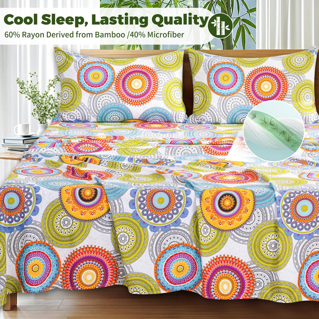 California King Floral 4-Piece Sheet Set - Cooling Sheets Blend Rayon Derived from Bamboo, Soft & Breathable, Deep