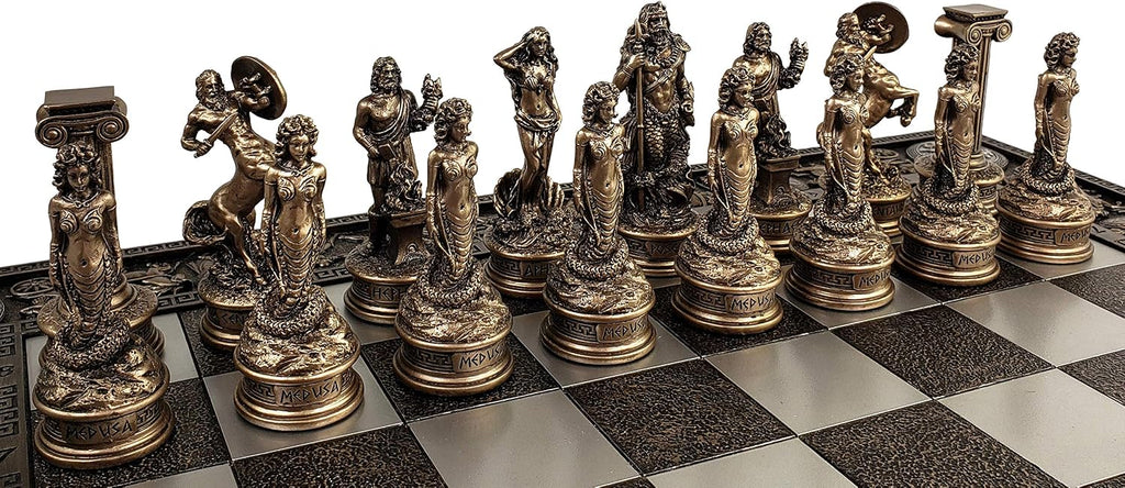 Greek Mythology Olympus Gods Zeus vs Poseidon Pewter and Bronze Color Chess Set with 17" Greek Board - Set of 32