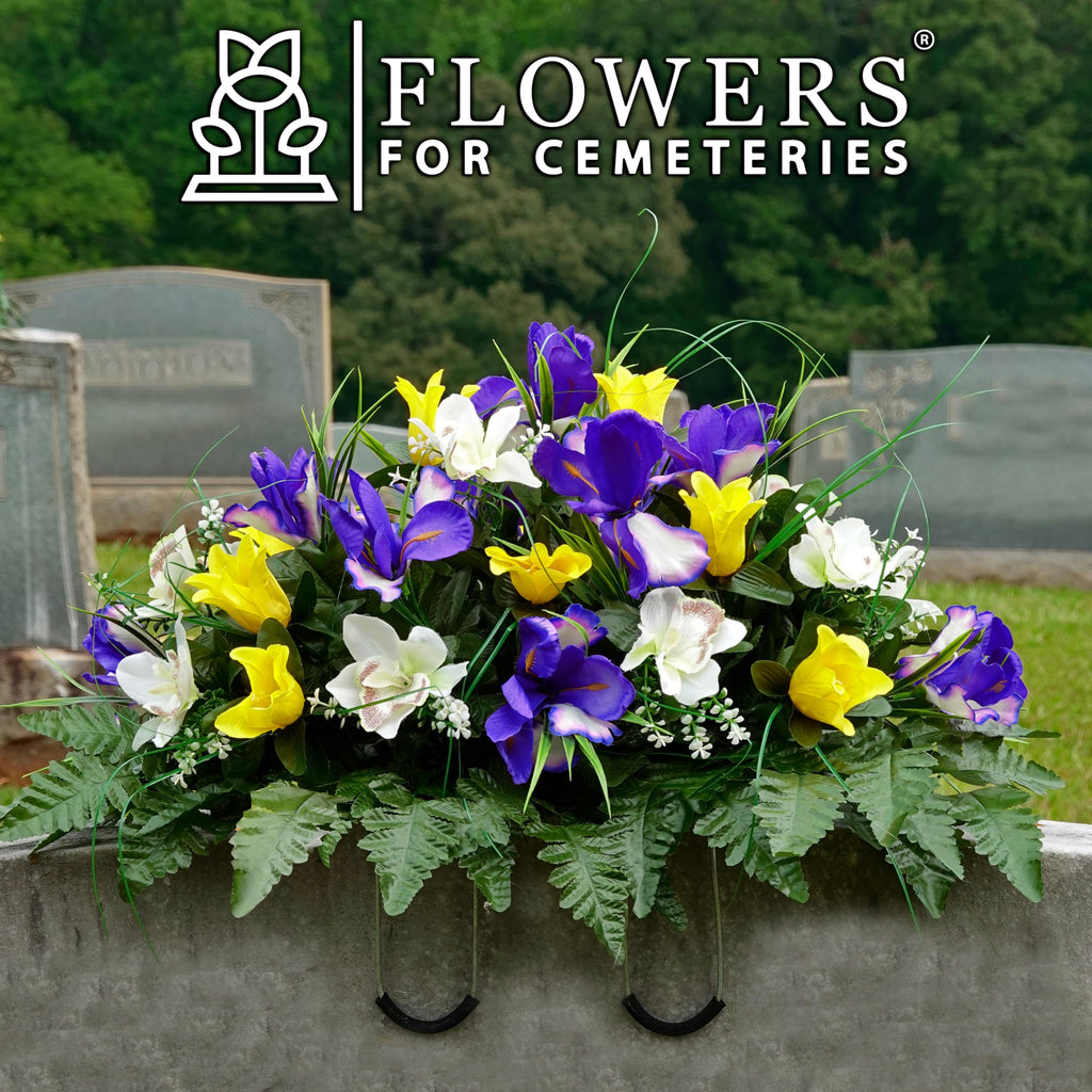Yellow Tulip & Purple Iris Headstone Saddle