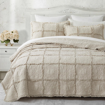 100% Cotton Ruffle Quilt Set, Beige Farmhouse Shabby Chic Bedspread Coverlet, Prewashed Lightweight Soft