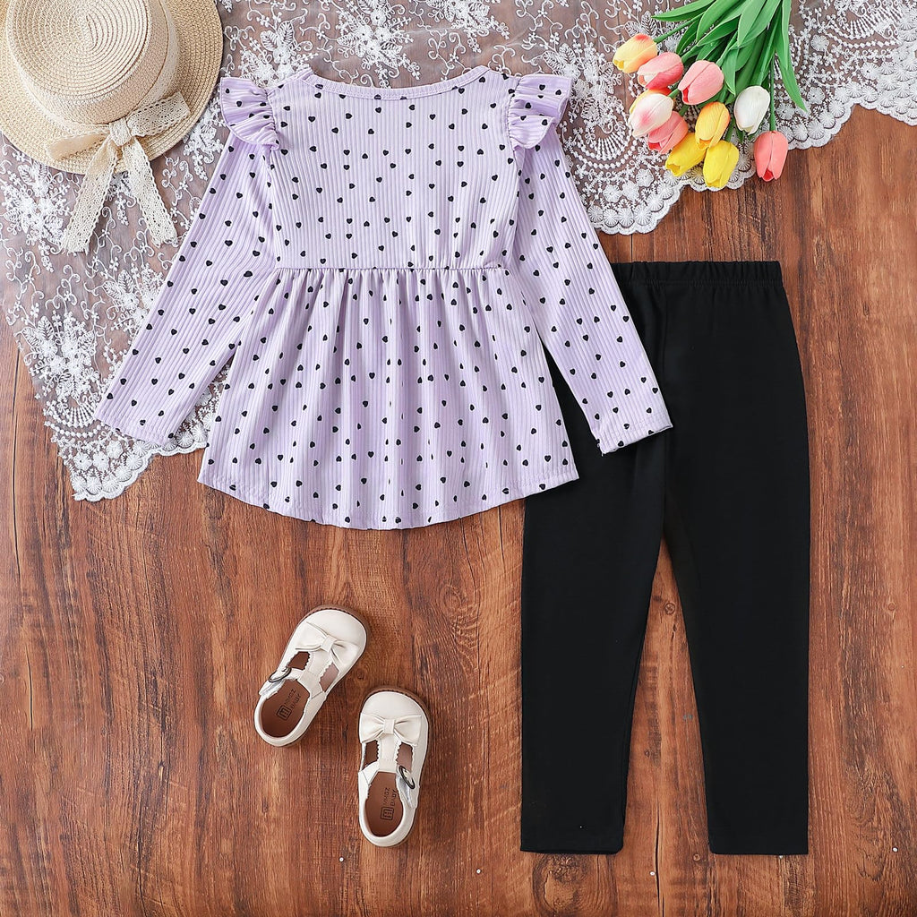 Toddler Girl Clothes Ruffle Long Sleeve Heart Print Tops and Pants 2PC Little Girl Winter Outfits Purple