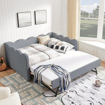 Full Size Upholstery Daybed with Trundle and USB, Full to King Design Adorable Wave Shaped Extendable Linen Sofa Bed