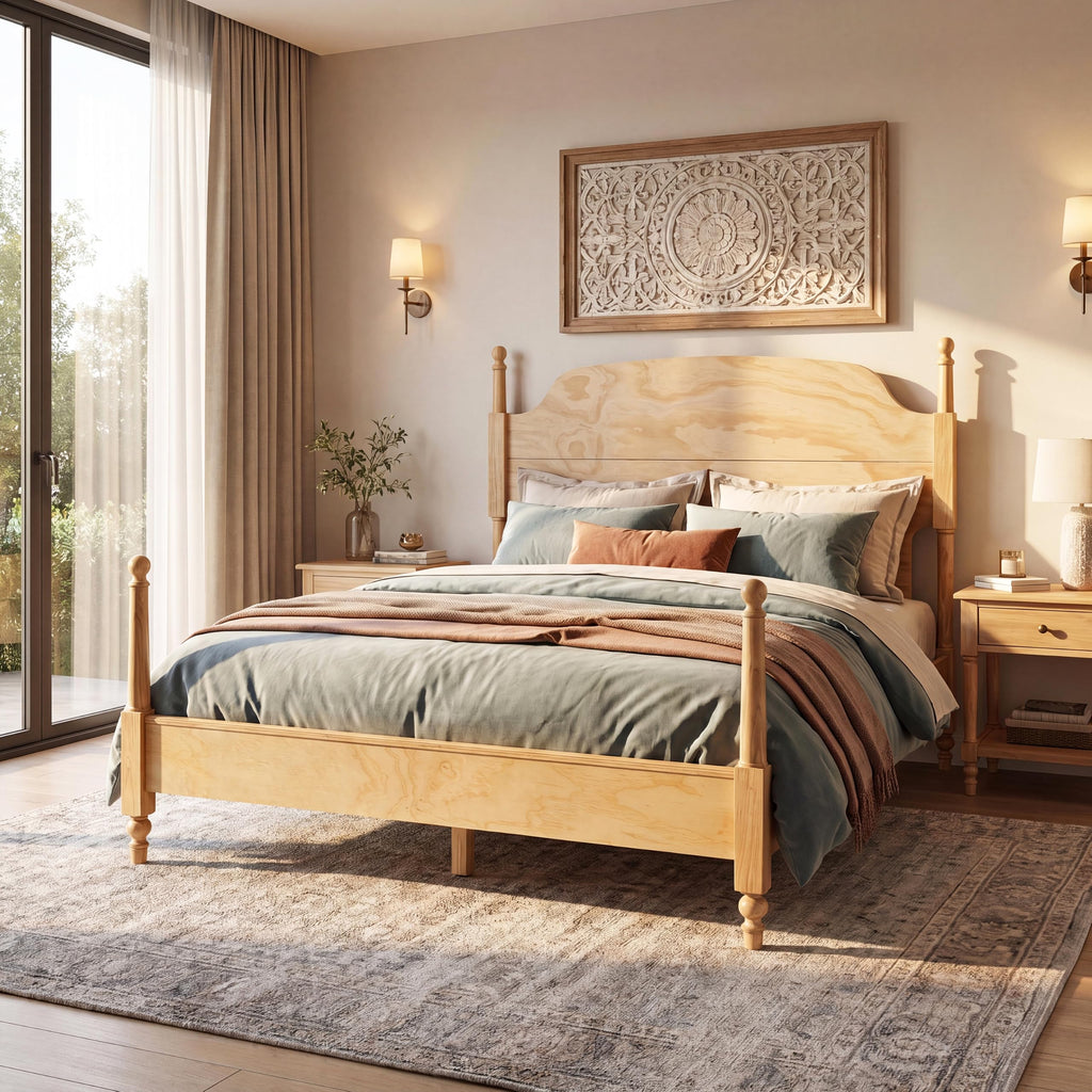 Kane Wooden Bed Frame with Headboard, Farmhouse Bed Frame and Arched Headboard, 4-Poster