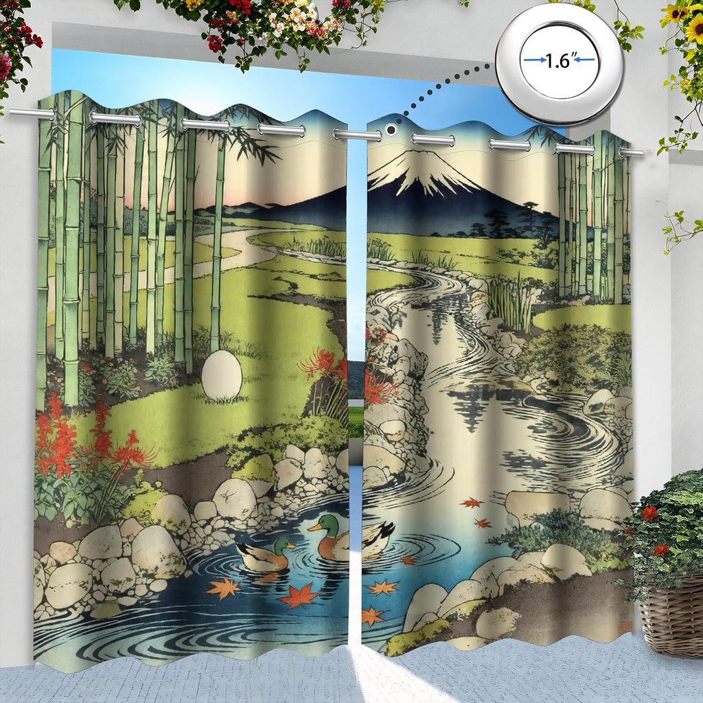 Japanese Style theme Waterproof Outdoor Curtains ,Bamboo Forest Stream pattern,Privacy Weatherproof Grommet Outside