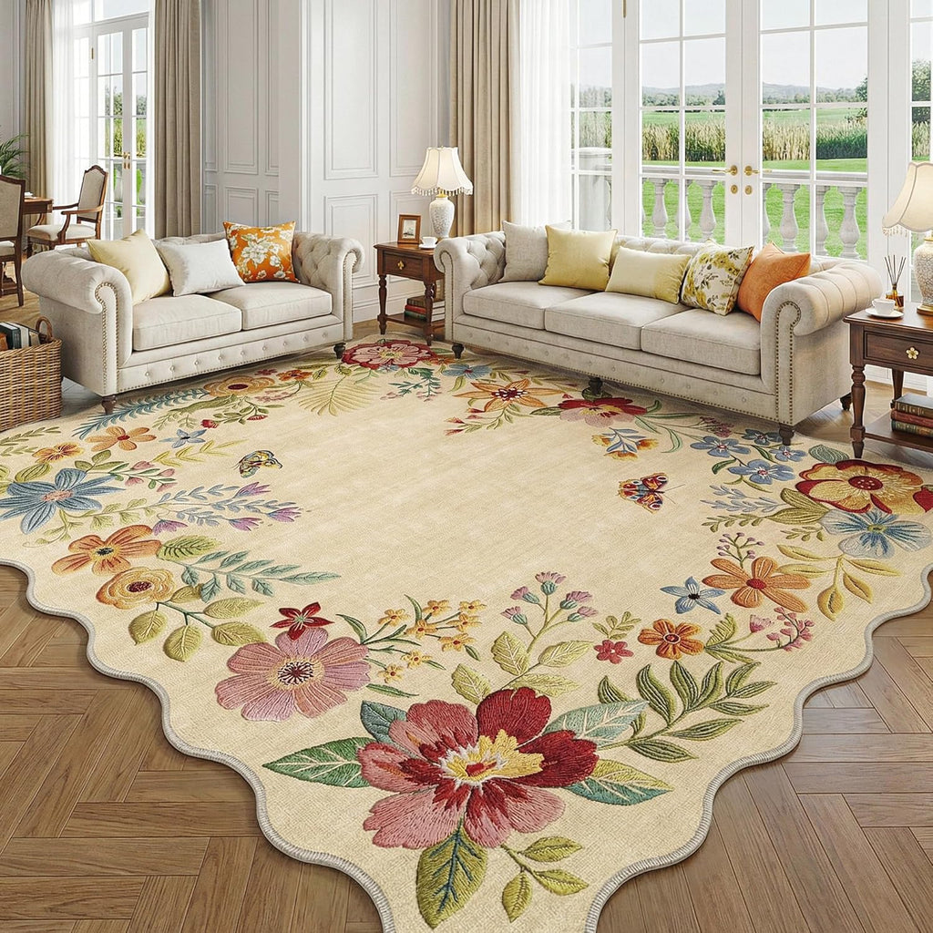 9x12 Floral Washable Area Rug Beige Neutral Vintage Flower Botanical Cottage Boho Cream Scalloped So