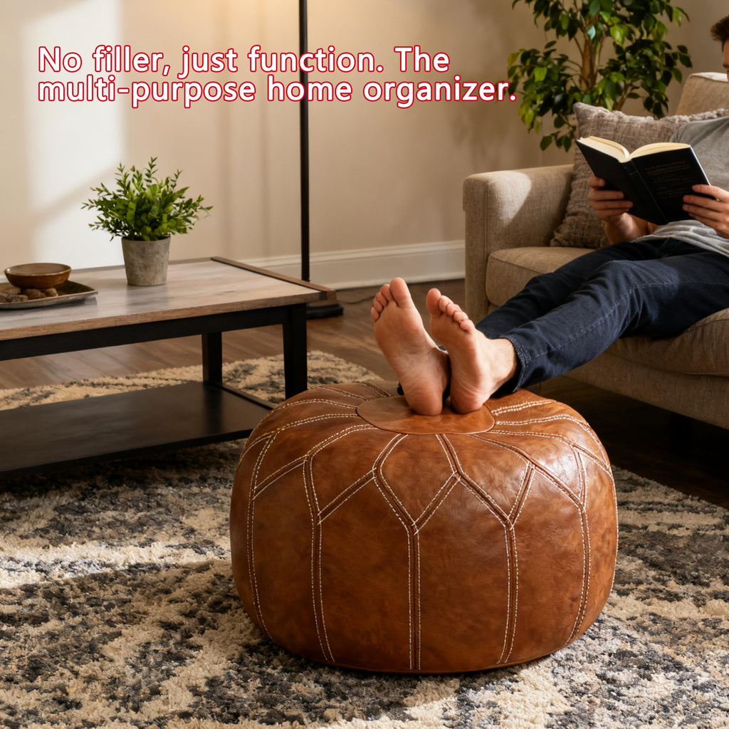 Unstuffed Moroccan Faux Leather Pouf Ottoman Cover with Storage - Boho Chic Multi-Use Footrest - Round Ethnic Floor