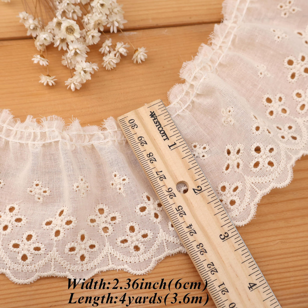 4 Yards Ruffle Trim Eyelet Embroidered Cotton Pleated Lace Trim 2.36" Wide (Beige)