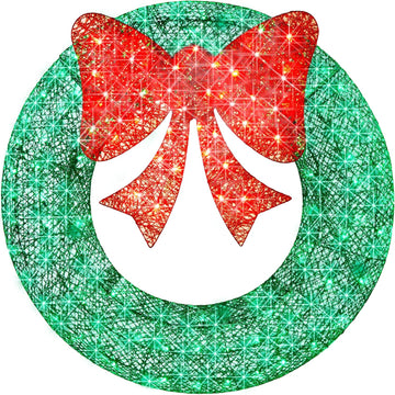 36in Pre-Lit Outdoor Christmas Wreath Decoration, LED Metal Holiday Decor w/ 120 Lights, Bow - Green/Red