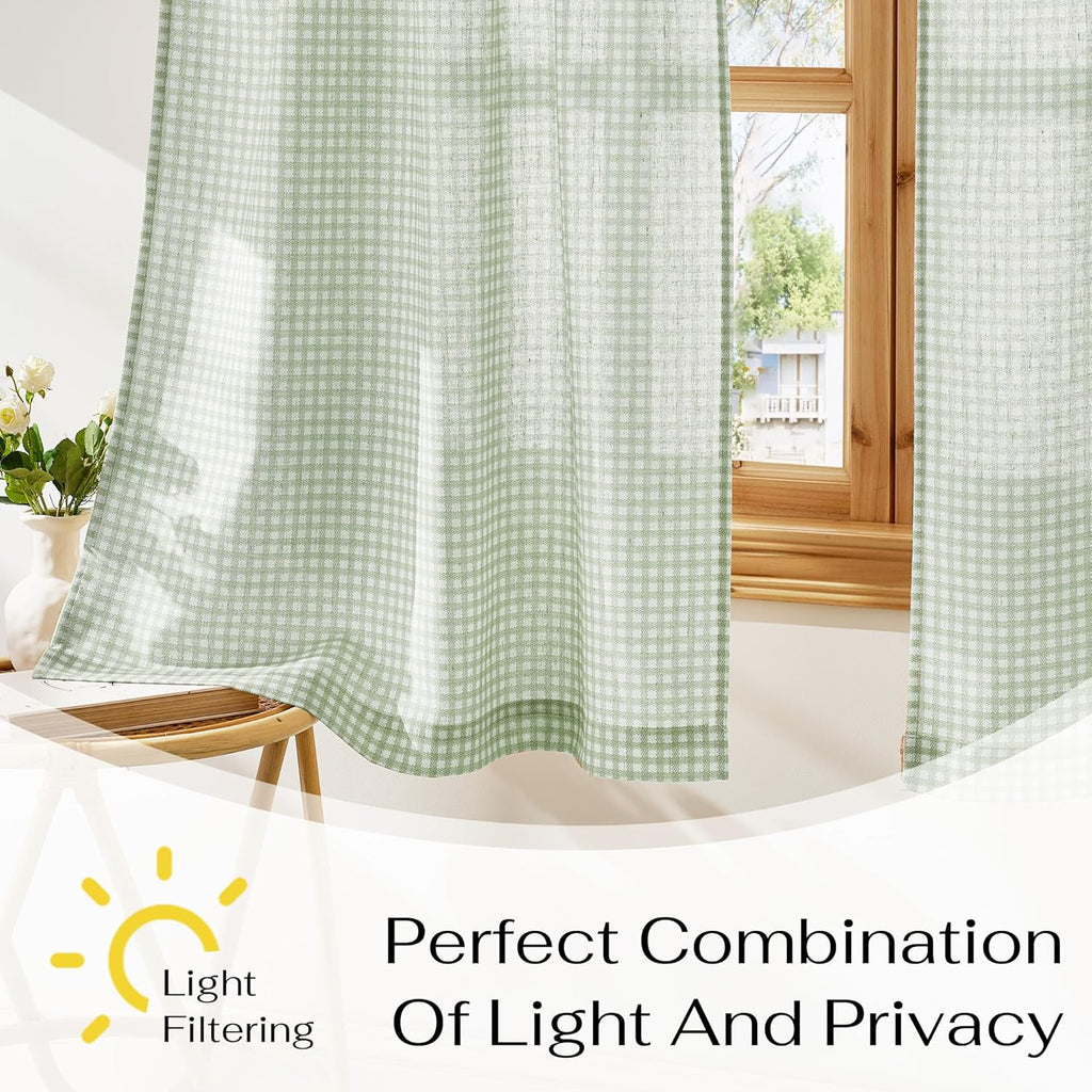 Sheer Linen Curtains 24 Inch Length, Light Green Plaid Cafe Curtains for Living Room Bedroom, Farmhouse Bathroom
