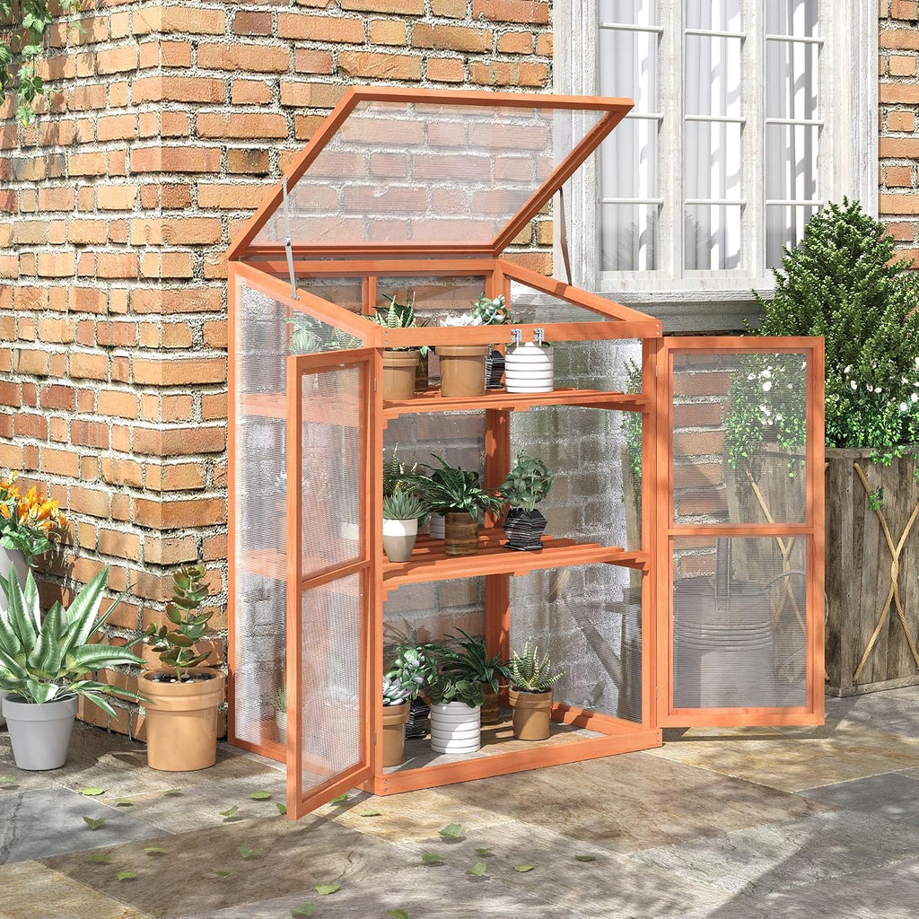 Mini Wooden Greenhouse, Outdoor Gardening Polycarbonate Small Green House with Openable Roof Vent and Shelves, Cold