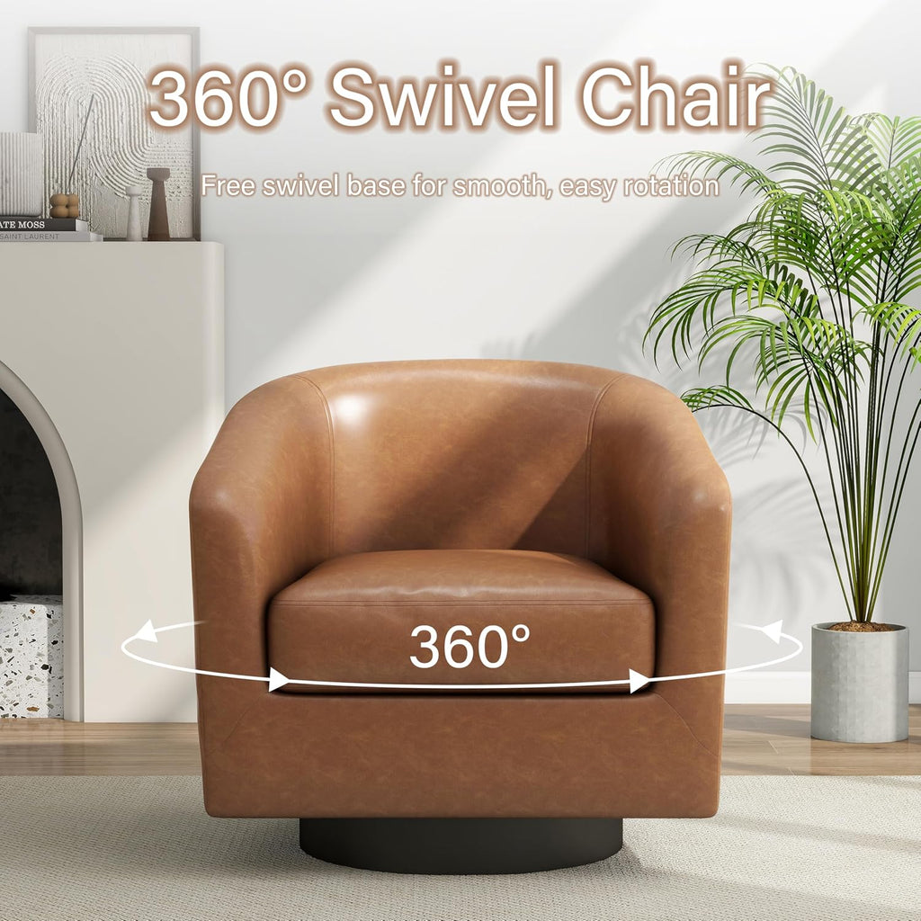 Faux Leather 360° Swivel Barrel Accent Chair Brown - Set of 2