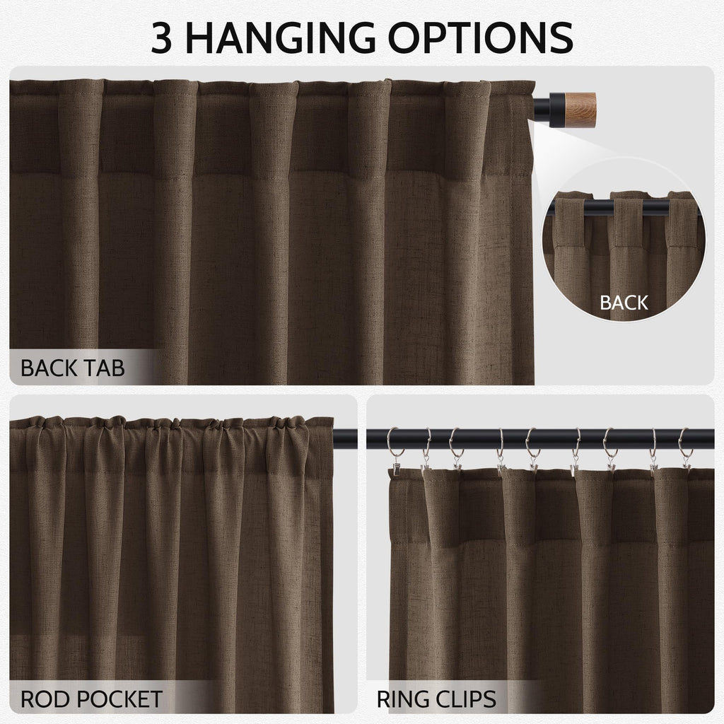 Chocolate Linen Blend Light Filtering Back Tab Curtains 96 Inches Long, Semi Sheer Privacy Drapes, 52x96 inch, 2