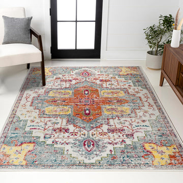 Zafra Vintage Medallion Coral/Blue/Multi Indoor Area Rug, Transitional, Southwestern, Easy-Cleaning, Pet