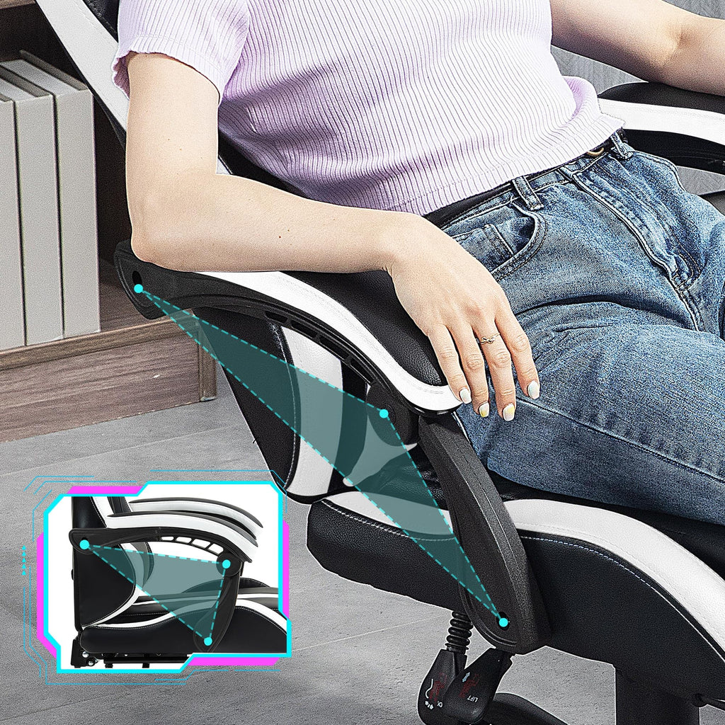 Gaming Chair with Footrest & Massage Lumbar Support, White