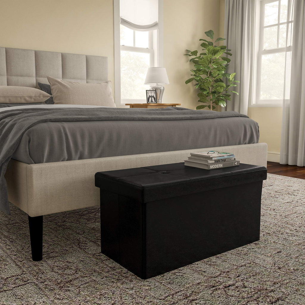 Storage Ottoman - 30-Inch Folding Faux Leather Footrest, Linen Chest, or Bench with Removable Bin by (Black)