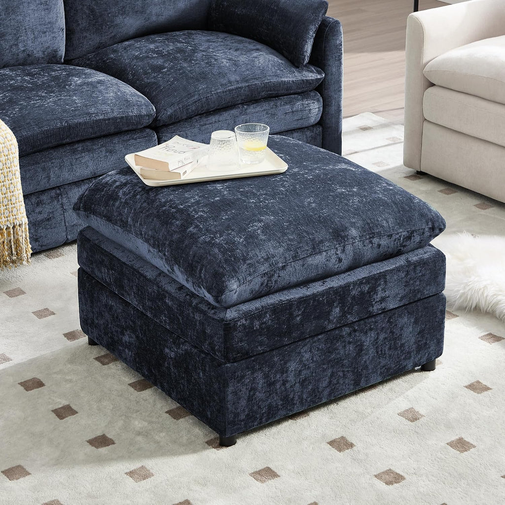 25" Chenille Ottoman, 9.5" Thick Cushion, Upholstered Footrest Modern Footstool & Bench , Blue