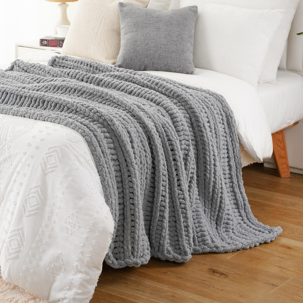 Light Grey Chunky Knit Throw Blanket for Couch, 50"x60", Textured