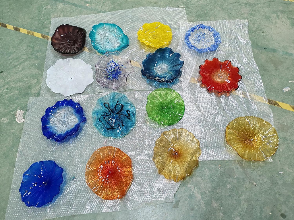 12 Inch Yellow Hand Blown Glass Wall Art Decor Unique Blown Glass Wall Plates with Wood Stand Transparent and Easy