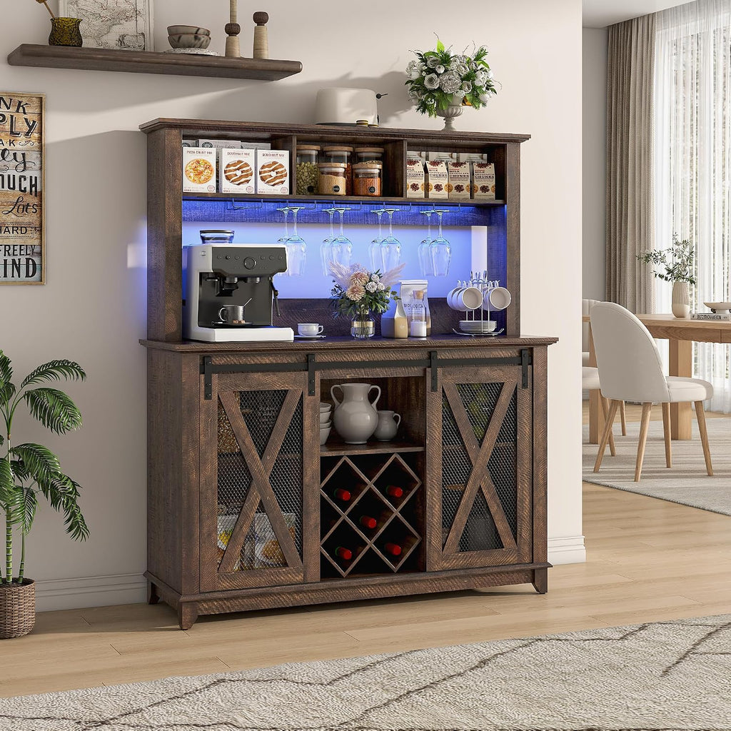 47"Wide 56"H Farmhouse Coffee Bar Cabinet with Power Outlet and LED Light,Wine Bar Cabinet w/3 Storage Hutch,Kitchen