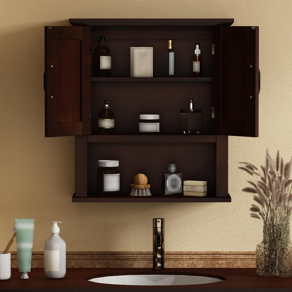 Wood Bathroom Wall Cabinet with Door, Dark Cherry Medicine Cabinet