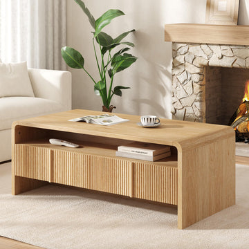 39.4" Fluted Coffee Table with 2 Drawers, Natural Oak