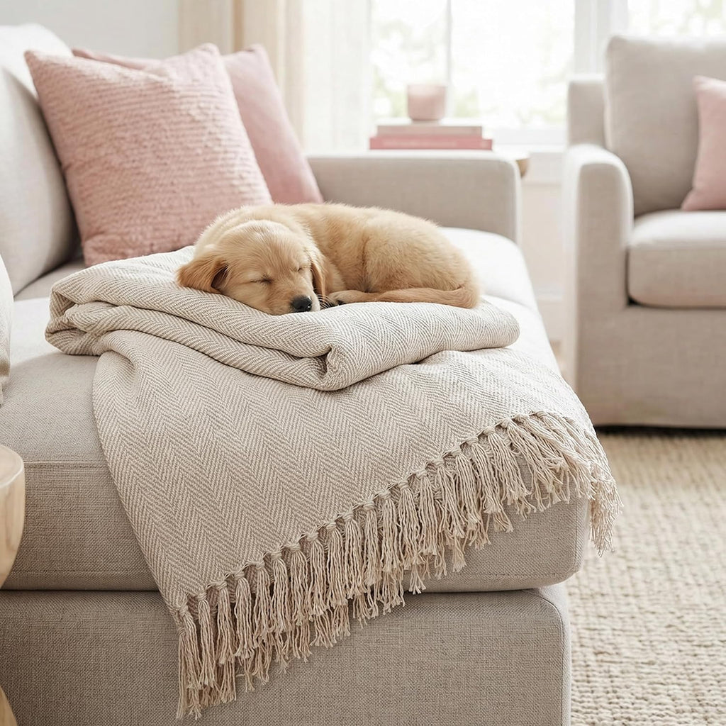 50x60 Throw Blanket - Soft and Breathable Cotton Throw Blanket, Chair - Decorative Blankets, or Outdoor Use - Cream