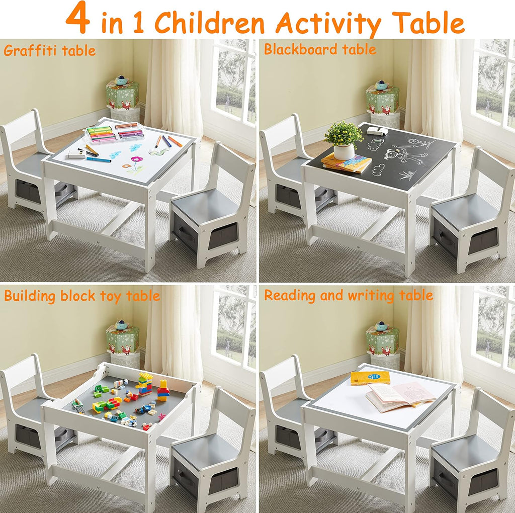 Kids Table and Chair Set, 3 in 1 Wooden Activity Table with Storage Drawer for Toddlers Drawing, Reading, Crafts, 2