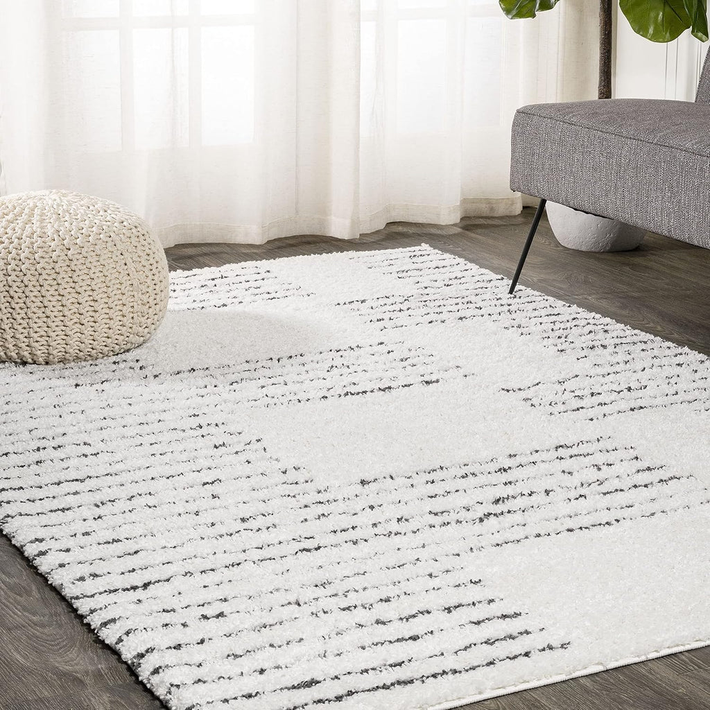Petra Abstract Stripe Shag White/Gray Indoor Area Rug, Geometric, Bohemian, Contemporary, Easy-Cleaning, Pet