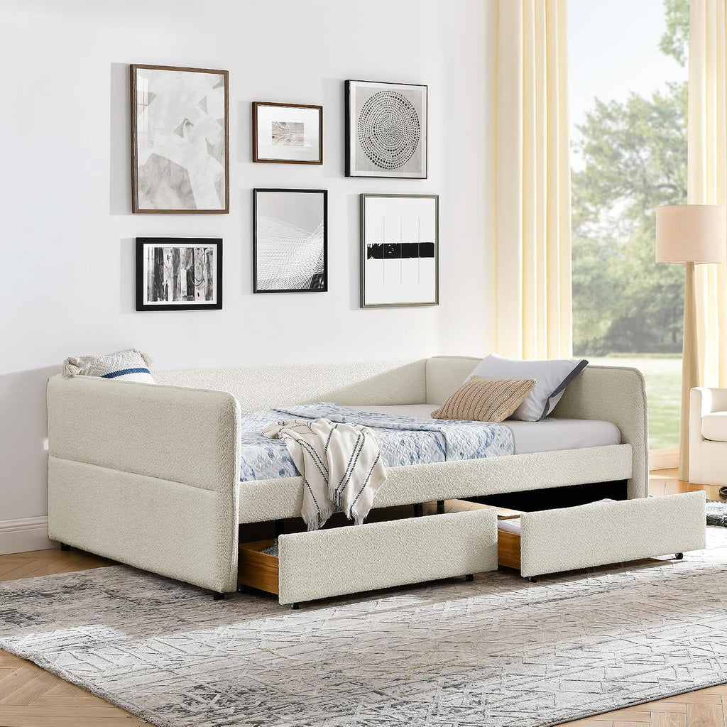 Queen Size Boucle Upholstery Daybed with 2 Drawers, Modern Style Tufted Corner Sofa Bed Frame with Solid Wooden