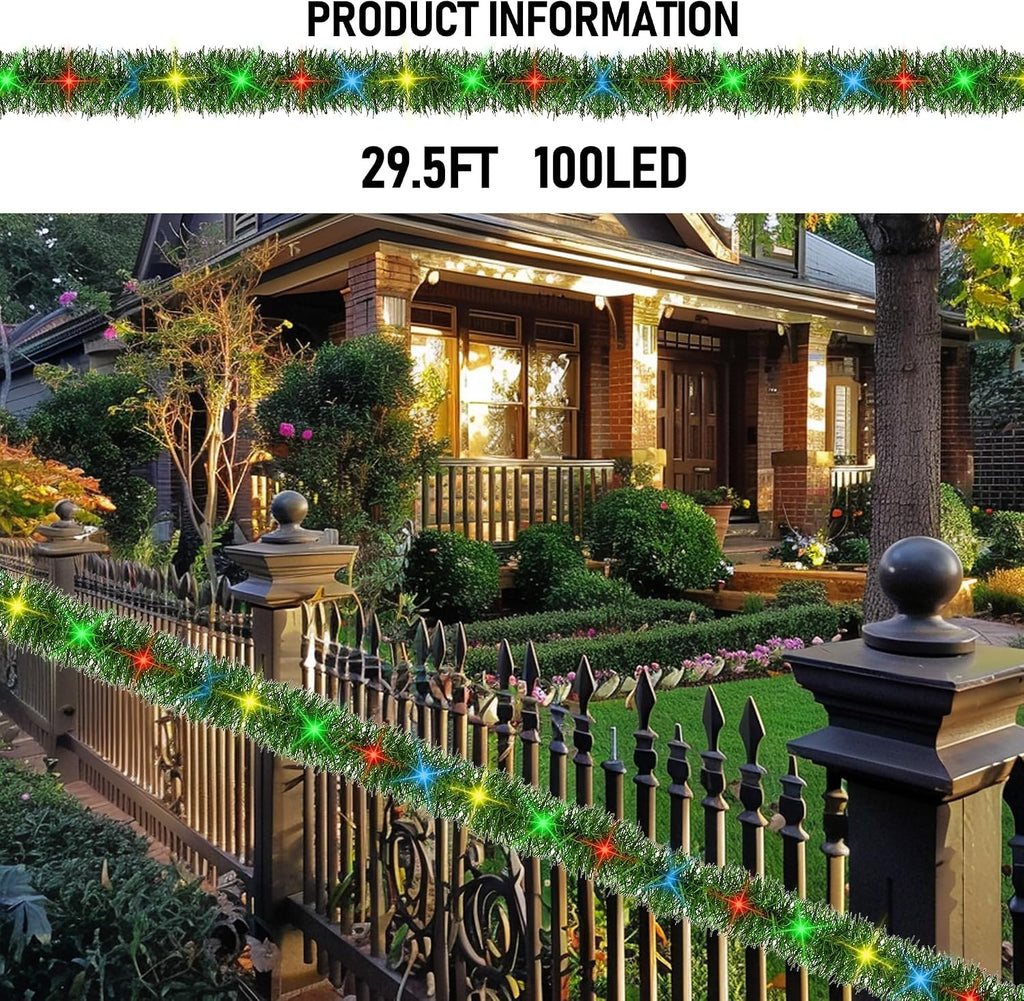 30 FT Pre-Lit Christmas Garland Decorations, 100 LED Lighted Artificial Pine Garlands with 8 Modes, Green Garland