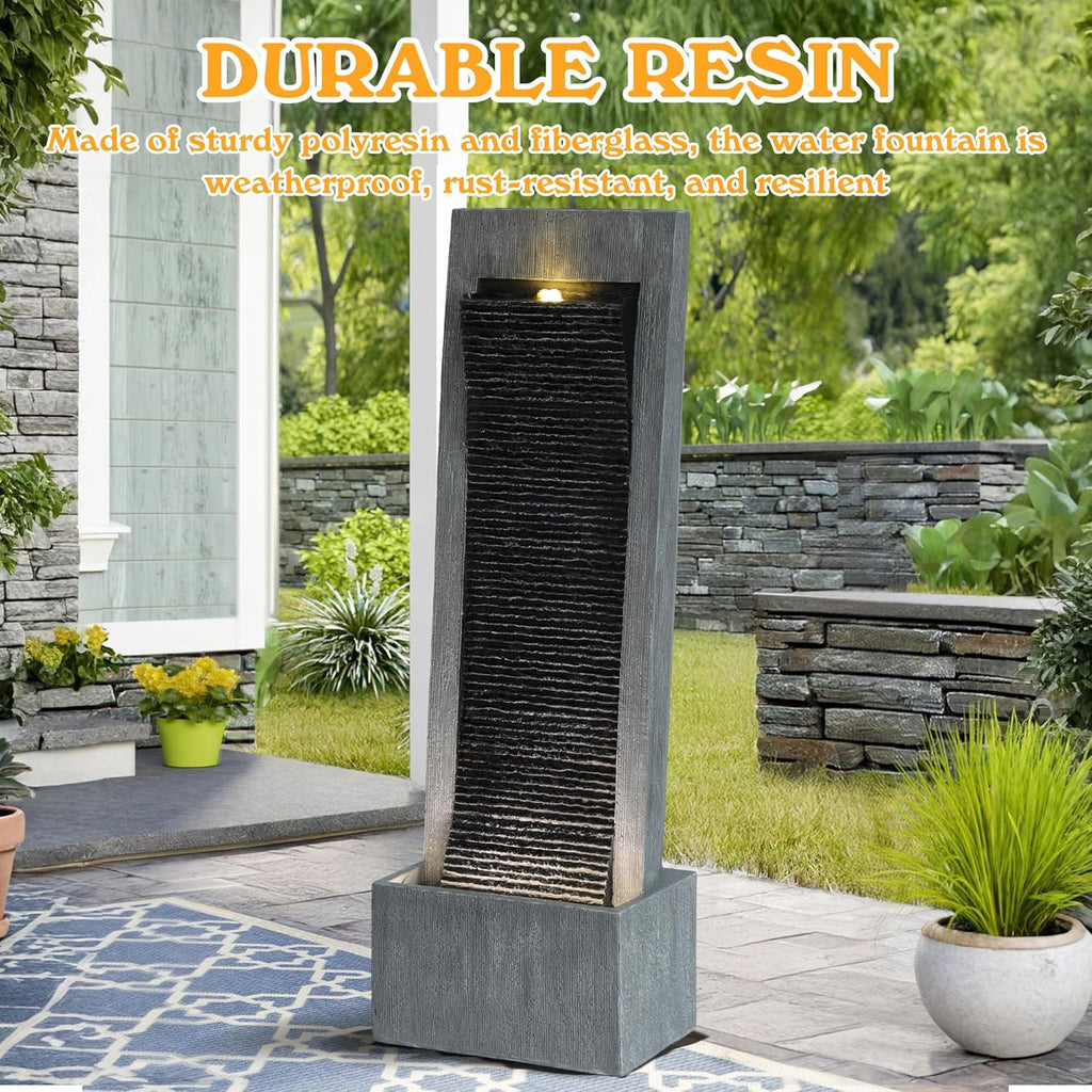 49.6" H Modern Curved Faux Slate Waterfall Fountain, Outdoor Freestanding Fountains with LED Lights and Pump