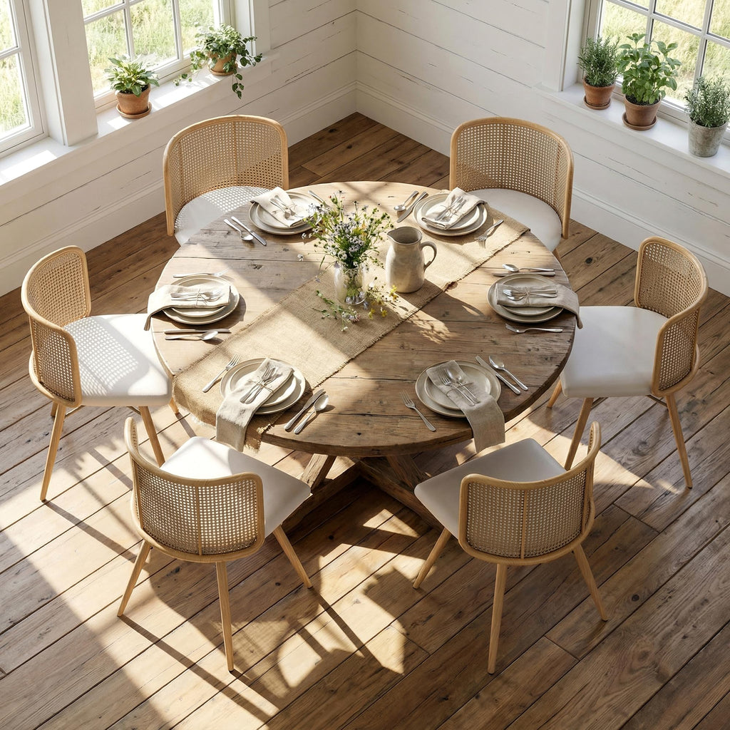 Farmhouse Rattan Dining Chairs Set of 6 (Cream White)