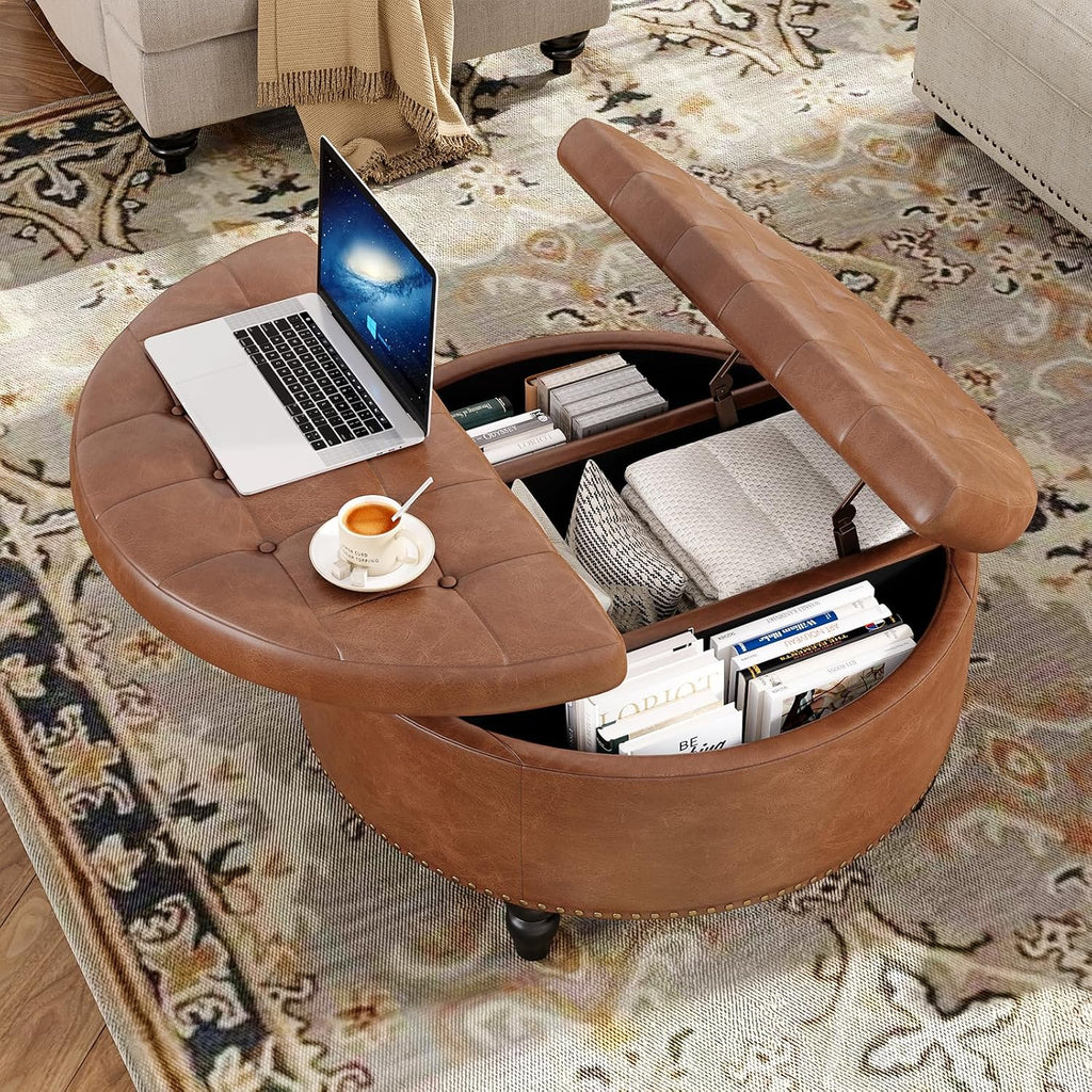 30 Inch Large Round Ottoman with Storage Circular,Brown | Leather Coffee Table with Lift Top,Modern Upholstered