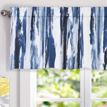 Paint Brush Watercolor Lined Thermal Insulated Blackout Window Curtain Valance Rod Pocket Navy Blue White Ink Stripe