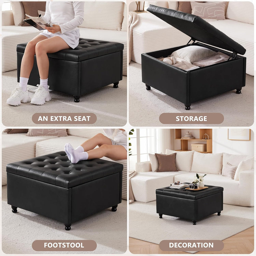 30" Large Square Ottoman with Storage, Leather Ottoman Coffee Table, Black | Tufted Upholstered Ottoman , Oversized