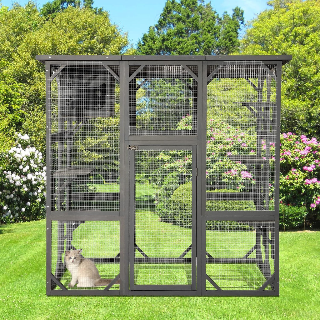 63Inches Cat House, Large Outdoor Wooden Cat Enclosure w/Resting Box