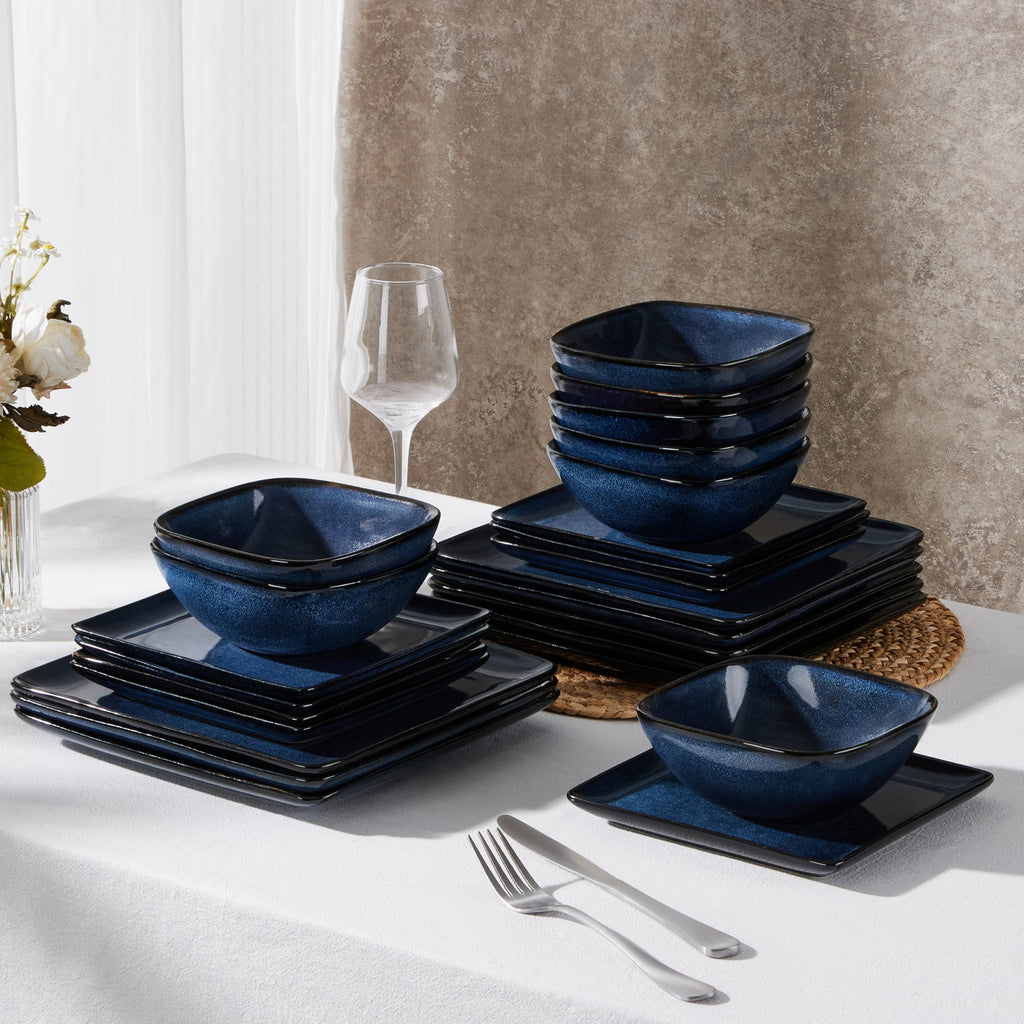 18-Piece Square Stoneware Dinnerware Sets for 6, Reactive Blue Glaze