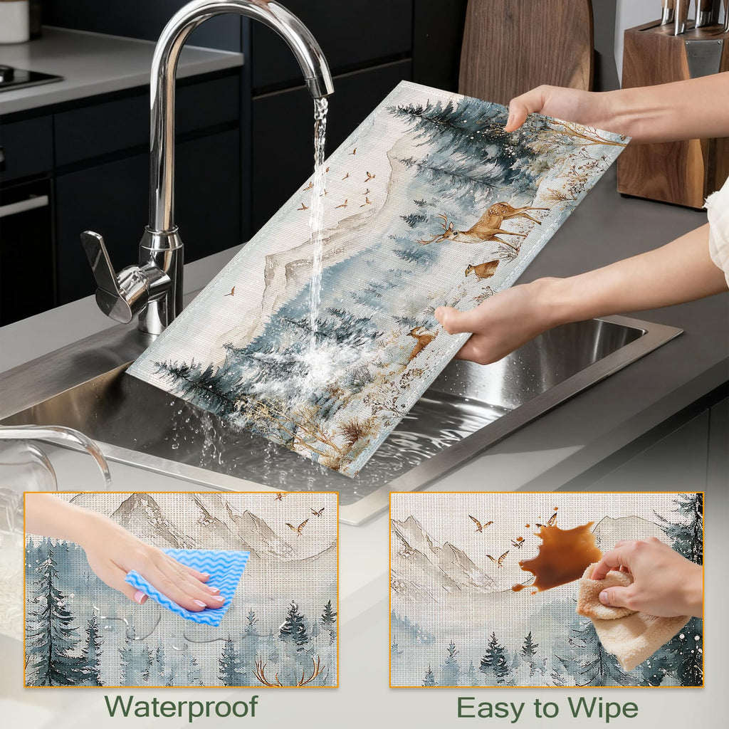 Winter Forest Fabric Placemats,Cute Deer Snow Mountain Table Placemats Set of 6 Cloth Place Mats, Washable