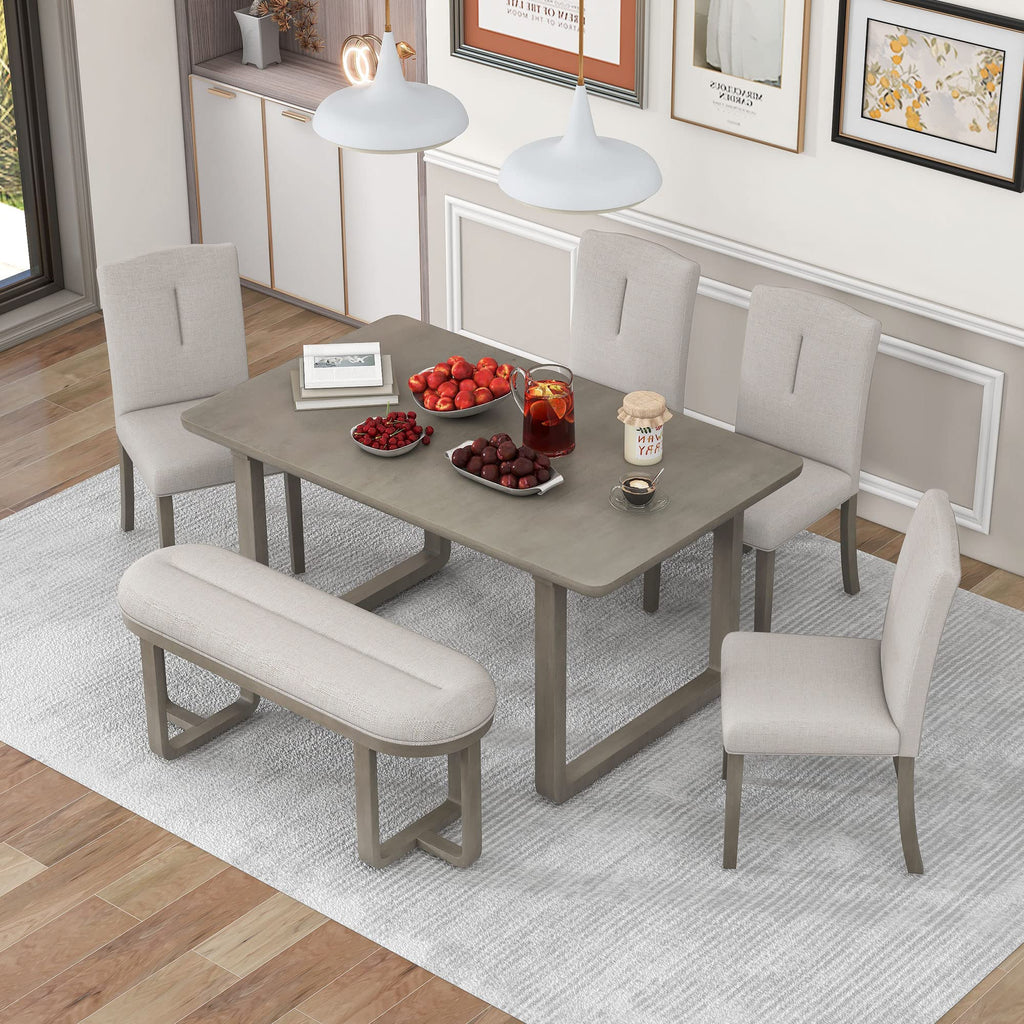 Vintage 6 Piece Dining Table Set with 4 Upholstered Chairs and 1 Double Upholstered Bench w/Foam Covered Back & Seat