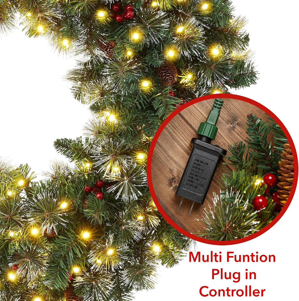 36" Pre-Lit Fir Artificial Christmas Wreath Holiday Décor, 150 LED Lights, 360 PVC Tips Pinecones, Berries for Front