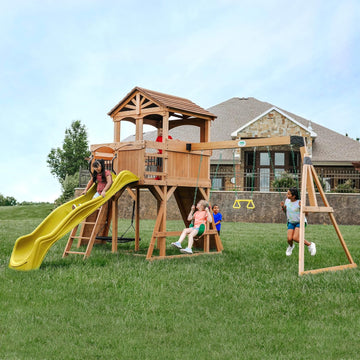 Sterling Point Cedar Wood Swing Set with Wave Slide, Raised Clubhouse, Wooden Bridge, Rock Wall, Belt Swings, Web