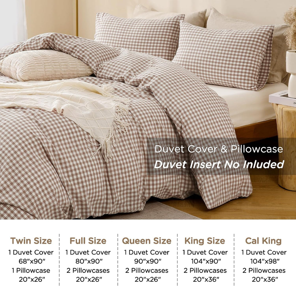 Tan Gingham Duvet Cover Bedding Set 100% Washed Cotton Like Linen Feel Super Soft Comfy 3 Piece Brown Vintage Plaid