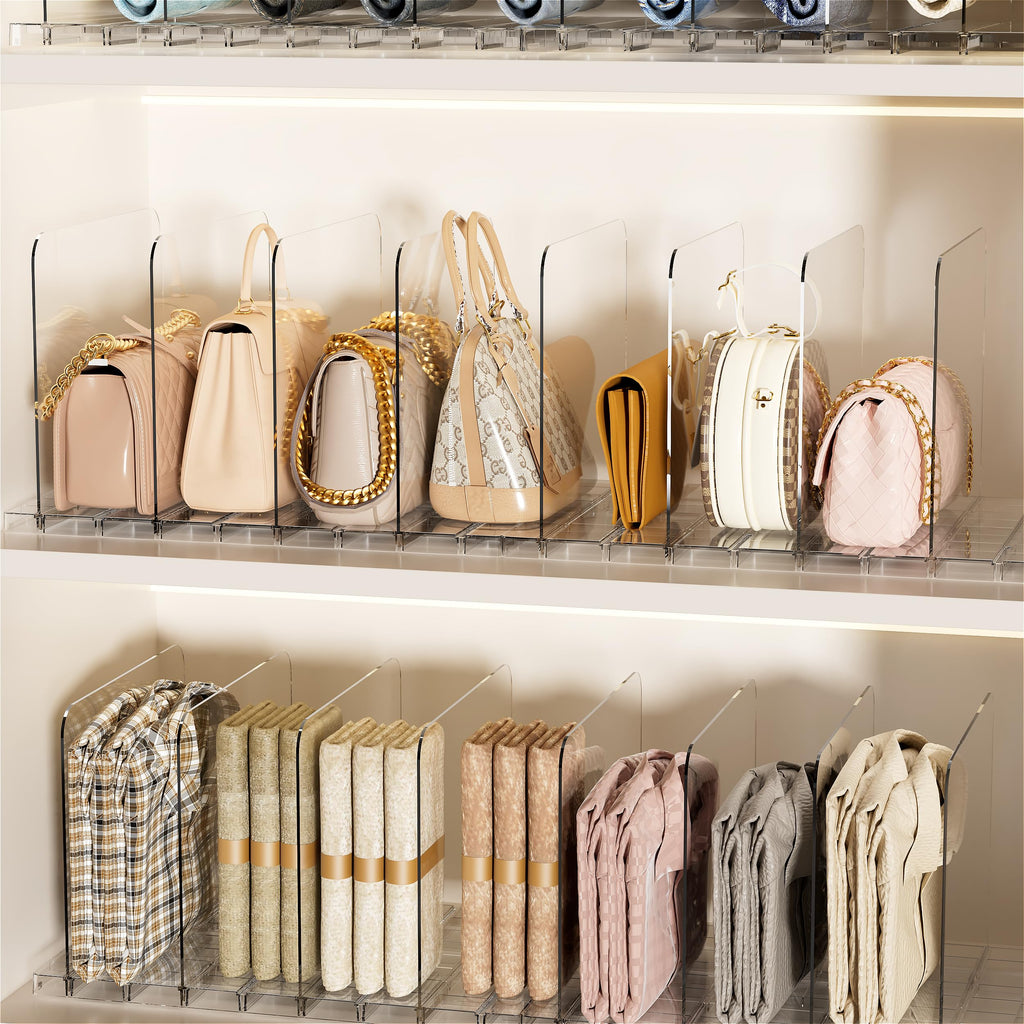 Stackable Purse Organizer for Closet, Adjustable Closet Purse Organizer, Clear Acrylic Shelf Dividers, Detachable