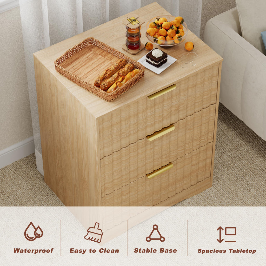 3 Drawer Dresser, Fluted Nightstand with Storage, Natural Wood