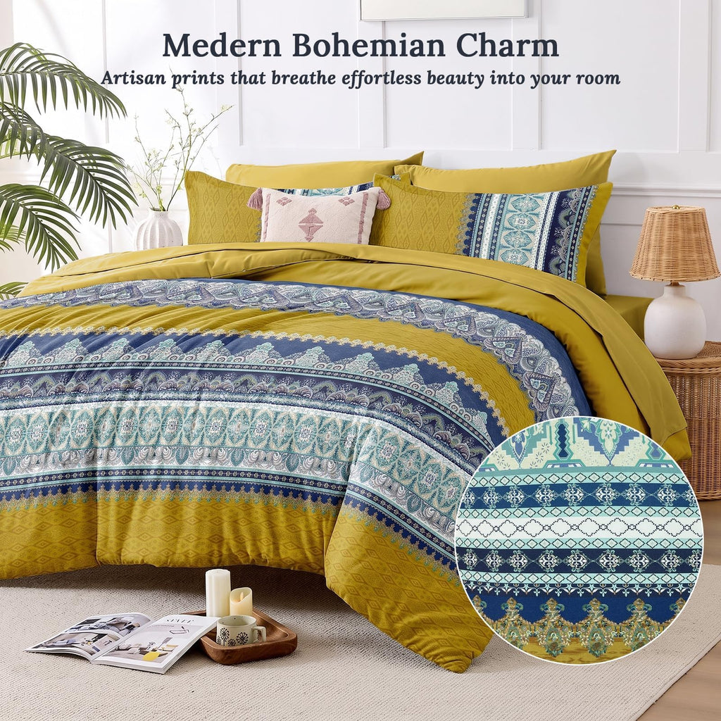 Full Comforter Set 7-Piece, Boho Bed in a Bag, Mustard Yellow
