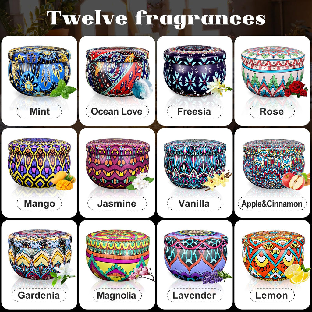 24 Pk 2.5oz Soy Wax Aromatherapy Tin Candles Boho Relaxation Gifts