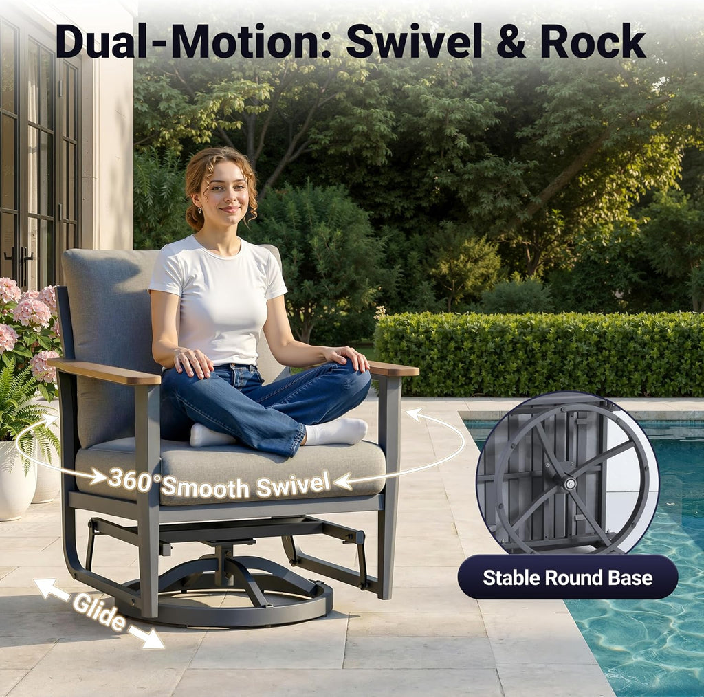 Aluminum Outdoor Patio Furniture Set with 5.1-Inch Cushions | 6-Piece: 3-Seat Sofa, 2 Swivel Rocking Chairs, Side
