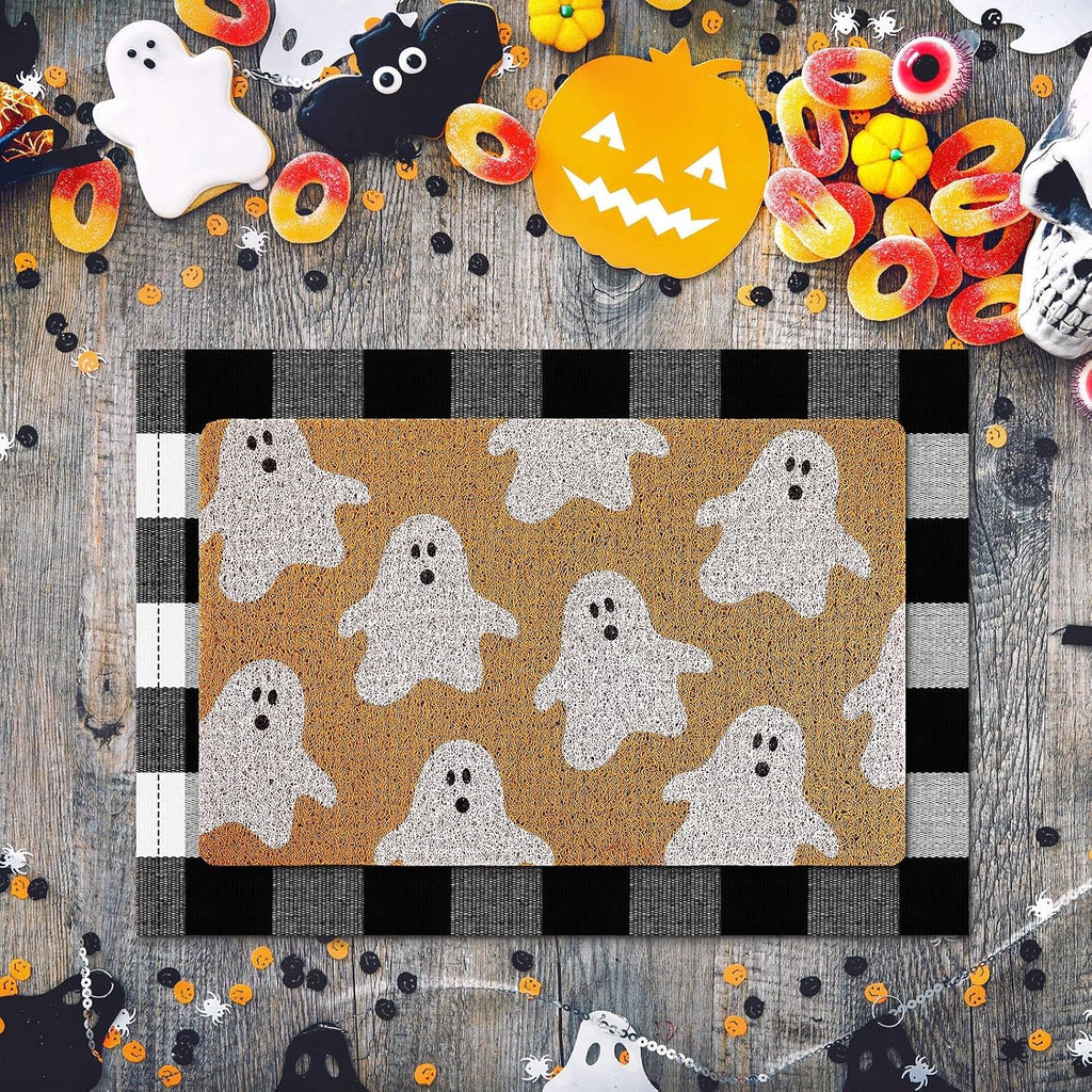 2 Pcs Halloween Fall Welcome Mat Buffalo Plaid Porch Decor | Ghost Layered Design, Non-slip Rug for Front Door