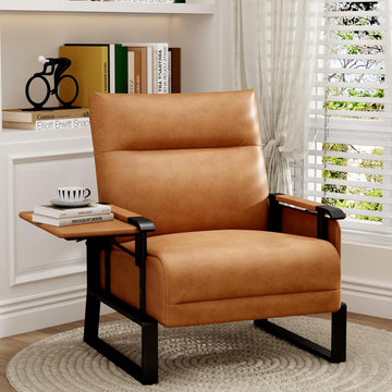 PU Leather Accent Chair Brown Armchair with Side Table